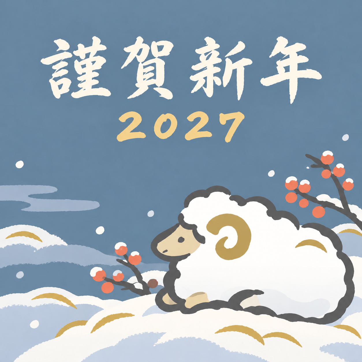 雪の小山でひと休み｜筆書き羊の年賀状背景・無料イラスト素材・文字なし版あり 111016に写真・文字を入れる