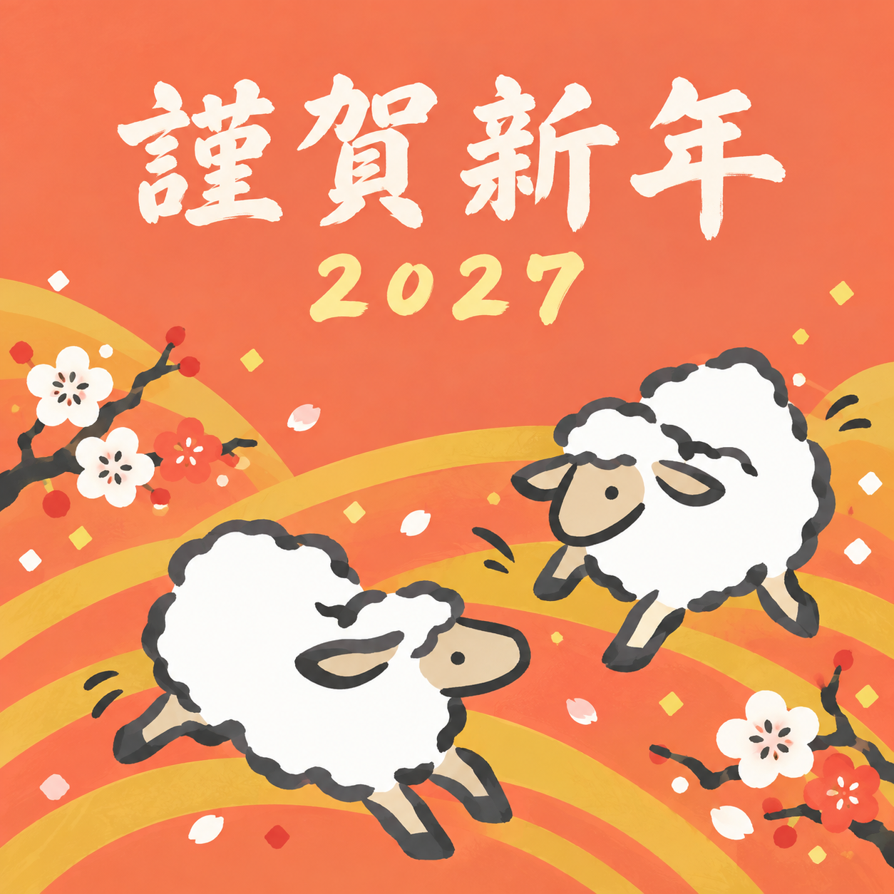 二匹の追いかけっこ｜筆書き羊の年賀状背景・無料イラスト素材・文字なし版あり 111021に写真・文字を入れる