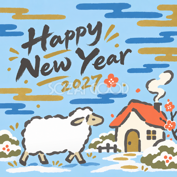 赤い屋根のおうち｜筆書き羊の年賀状背景・無料イラスト素材・文字なし版あり 111022