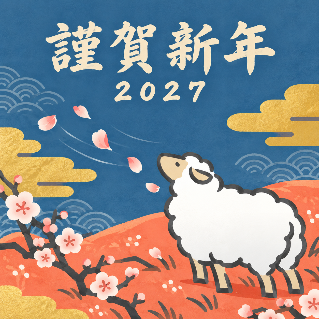 風に舞う花びらを追って｜筆書き羊の年賀状背景・無料イラスト素材・文字なし版あり 111027に写真・文字を入れる