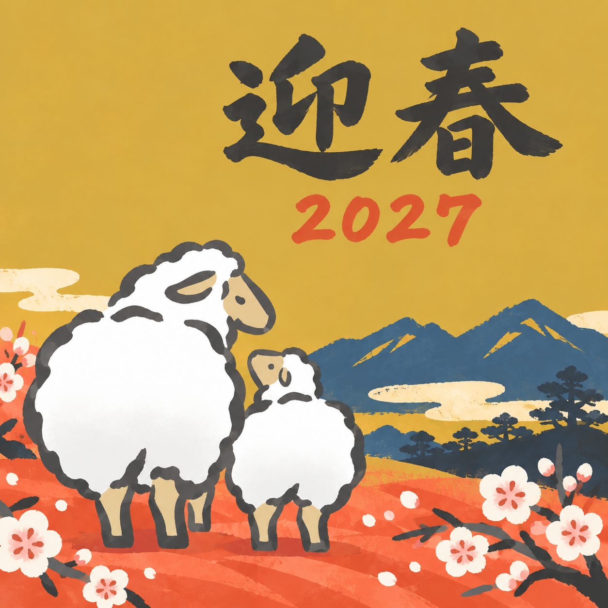 おしりを並べる親子｜筆書き羊の年賀状背景・無料イラスト素材・文字なし版あり 111029に写真・文字を入れる