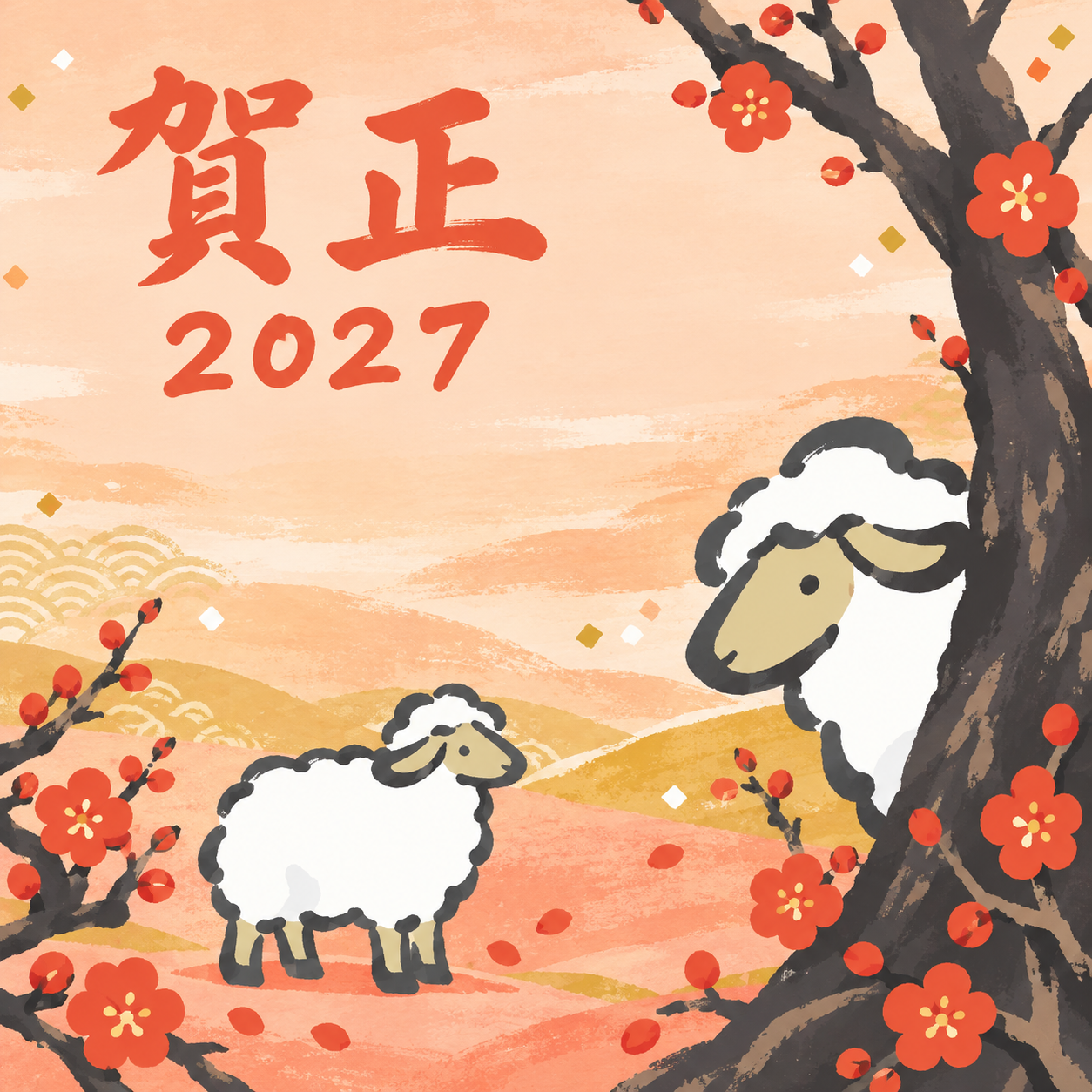 梅林の間からのぞいて｜筆書き羊の年賀状背景・無料イラスト素材・文字なし版あり 111030に写真・文字を入れる