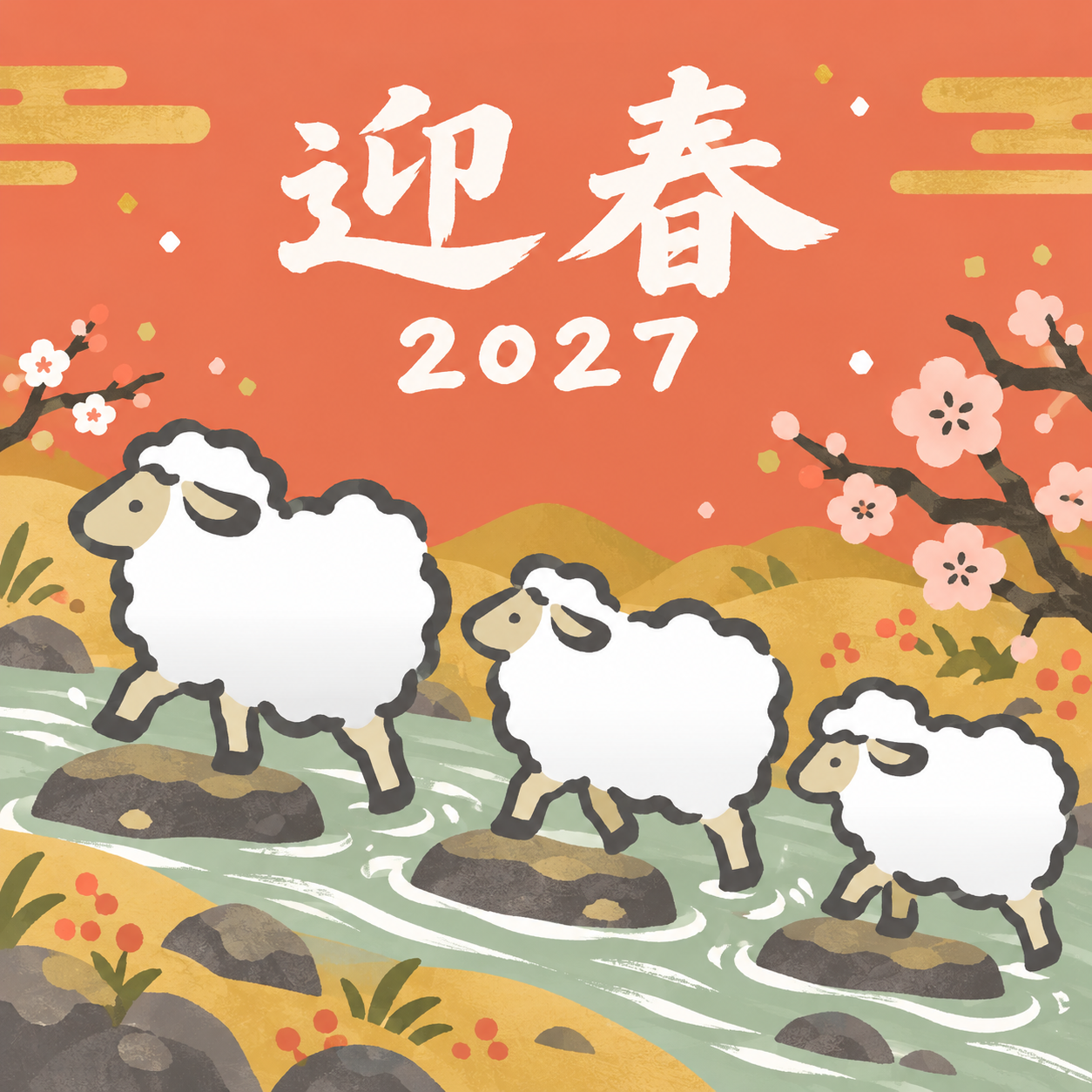 小川の石を渡る羊｜筆書き羊の年賀状背景・無料イラスト素材・文字なし版あり 111034に写真・文字を入れる