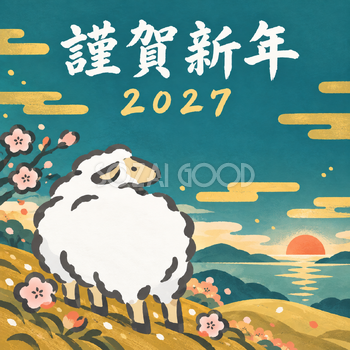 朝日のほうへ振り向いて｜筆書き羊の年賀状背景・無料イラスト素材・文字なし版あり 111036
