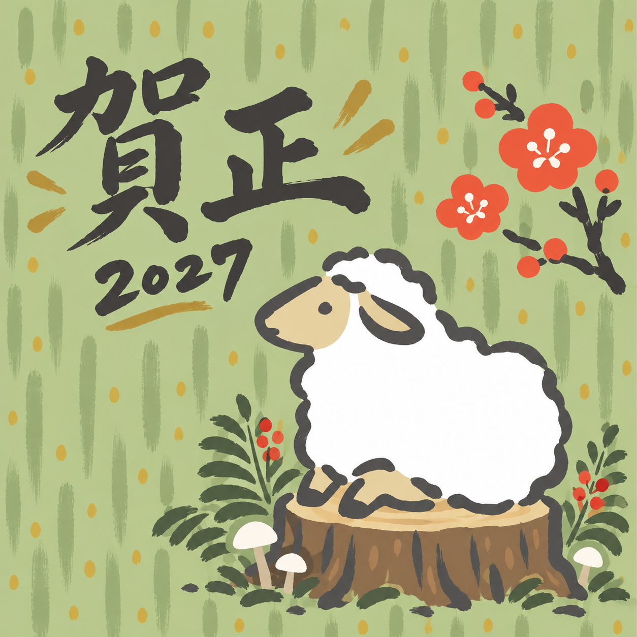 森の切り株でおすわり｜筆書き羊の年賀状背景・無料イラスト素材・文字なし版あり 111045に写真・文字を入れる