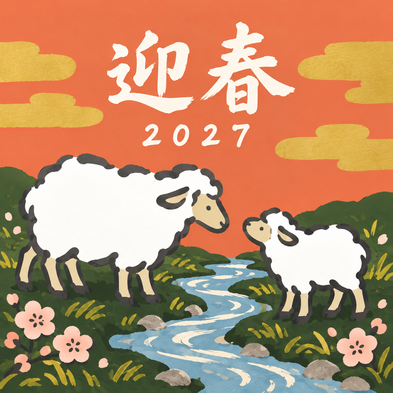 川をはさんでこんにちは｜筆書き羊の年賀状背景・無料イラスト素材・文字なし版あり 111054に写真・文字を入れる