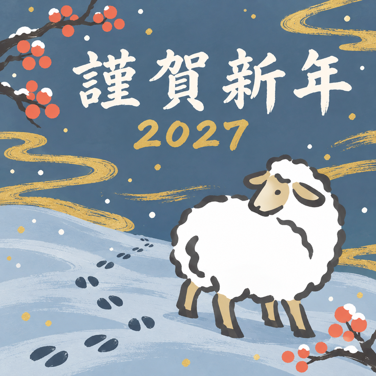 足あとを振り返る羊｜筆書き羊の年賀状背景・無料イラスト素材・文字なし版あり 111061に写真・文字を入れる