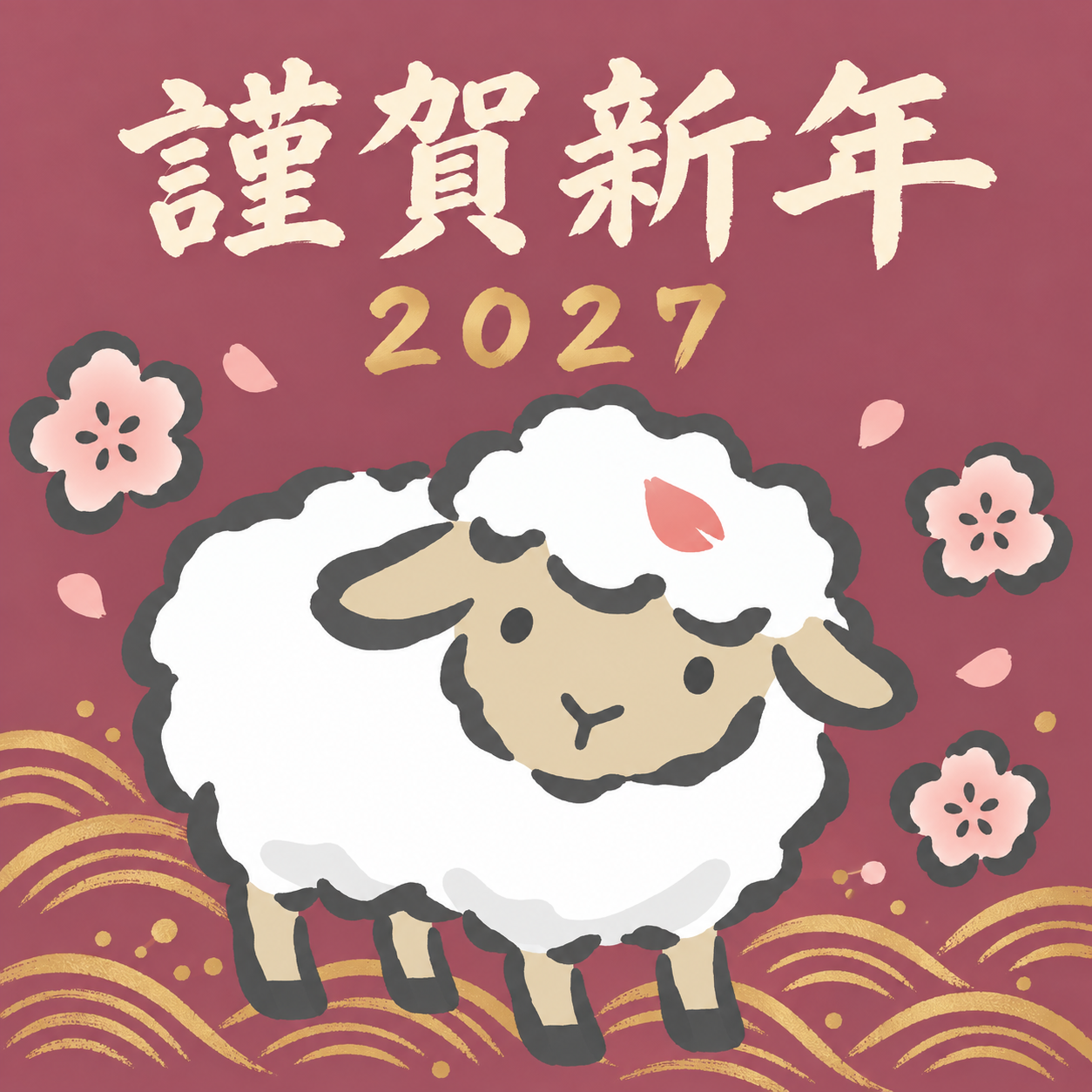 前髪に梅ひとひら｜筆書き羊の年賀状背景・無料イラスト素材・文字なし版あり 111065に写真・文字を入れる
