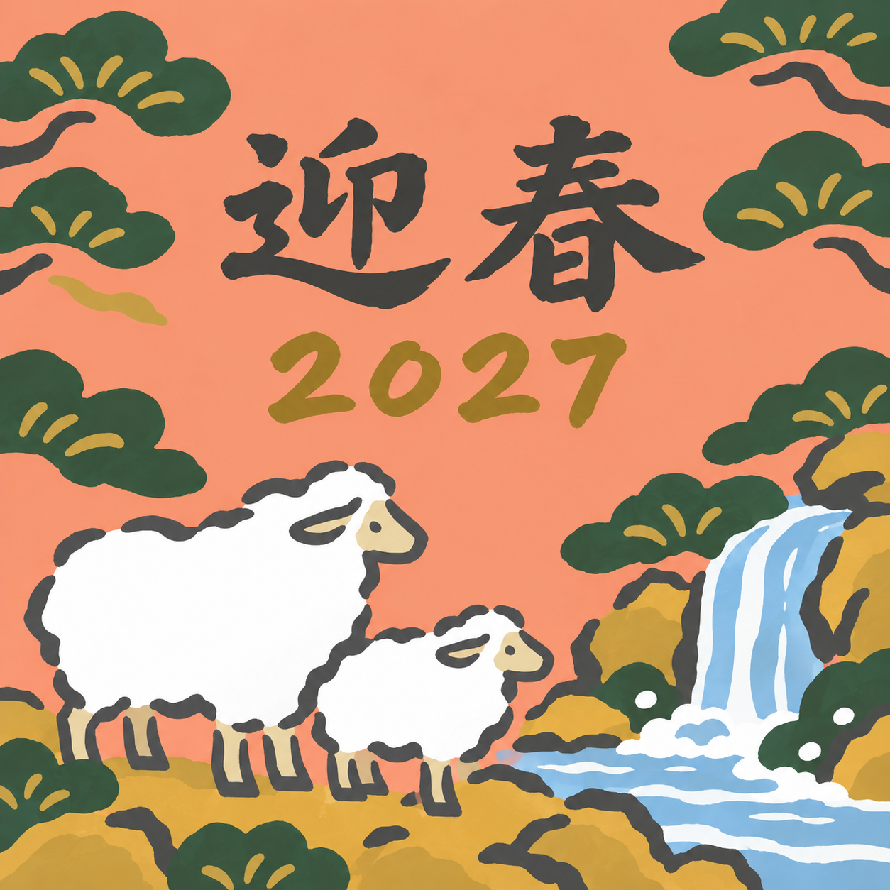 小さな滝のそばで｜筆書き羊の年賀状背景・無料イラスト素材・文字なし版あり 111079に写真・文字を入れる