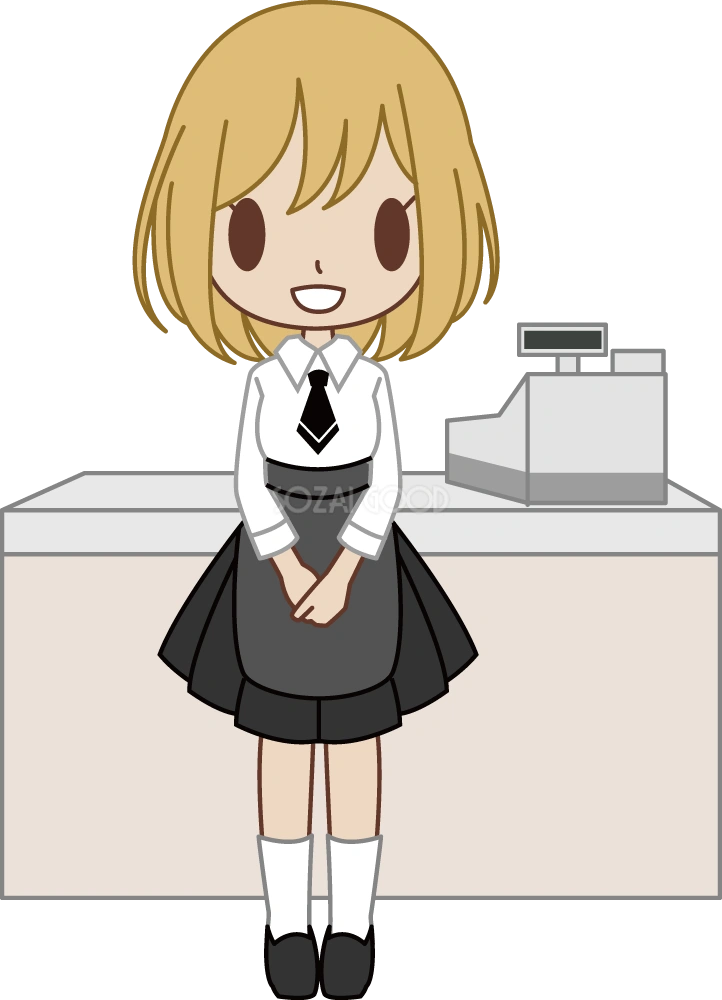 ファミレスのウエイトレス風の女性が『いらっしゃいませ』 無料イラスト