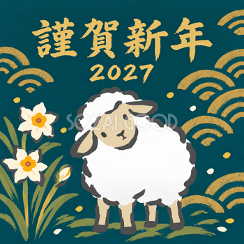 首をかしげる羊｜筆書き羊の年賀状背景・無料イラスト素材・文字なし版あり 111081