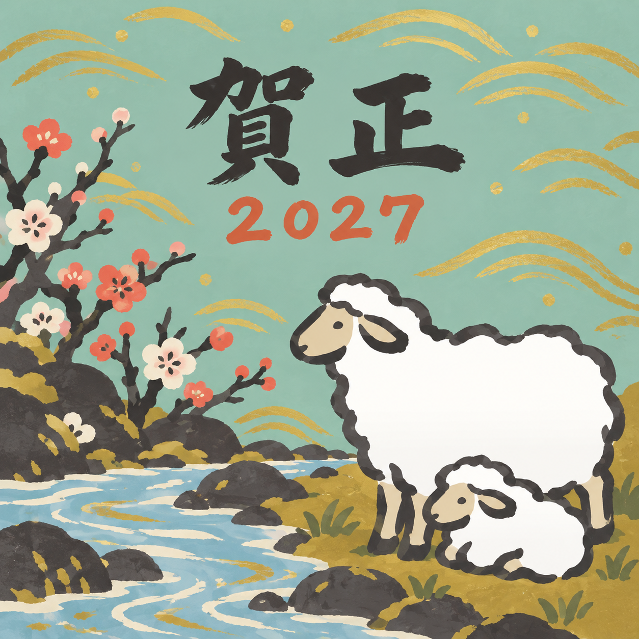 親子で川の音を聞く｜筆書き羊の年賀状背景・無料イラスト素材・文字なし版あり 111083に写真・文字を入れる