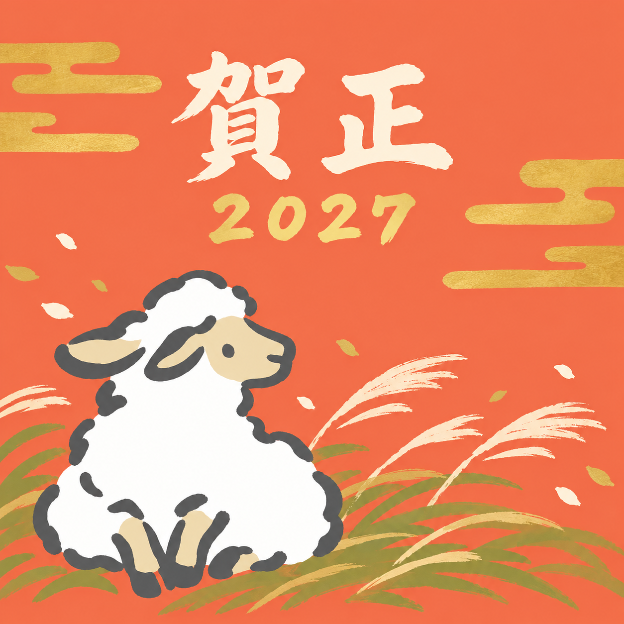 春風のなかでおすわり｜筆書き羊の年賀状背景・無料イラスト素材・文字なし版あり 111086に写真・文字を入れる