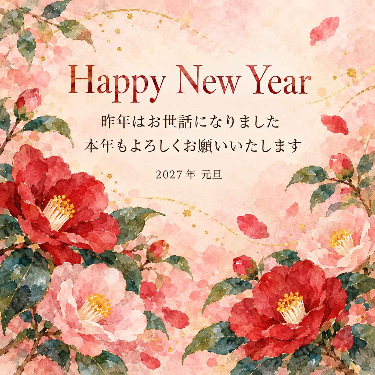 椿の庭｜年賀状背景・無料イラスト素材・文字なし版あり 111090に写真・文字を入れる