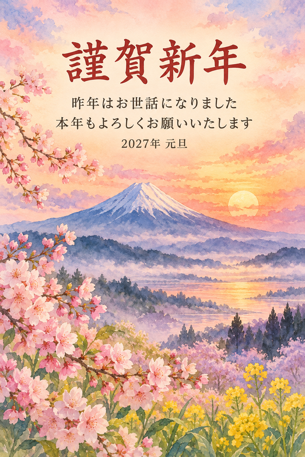 春霞の富士｜年賀状背景・無料イラスト素材・文字なし版あり 111091に写真・文字を入れる