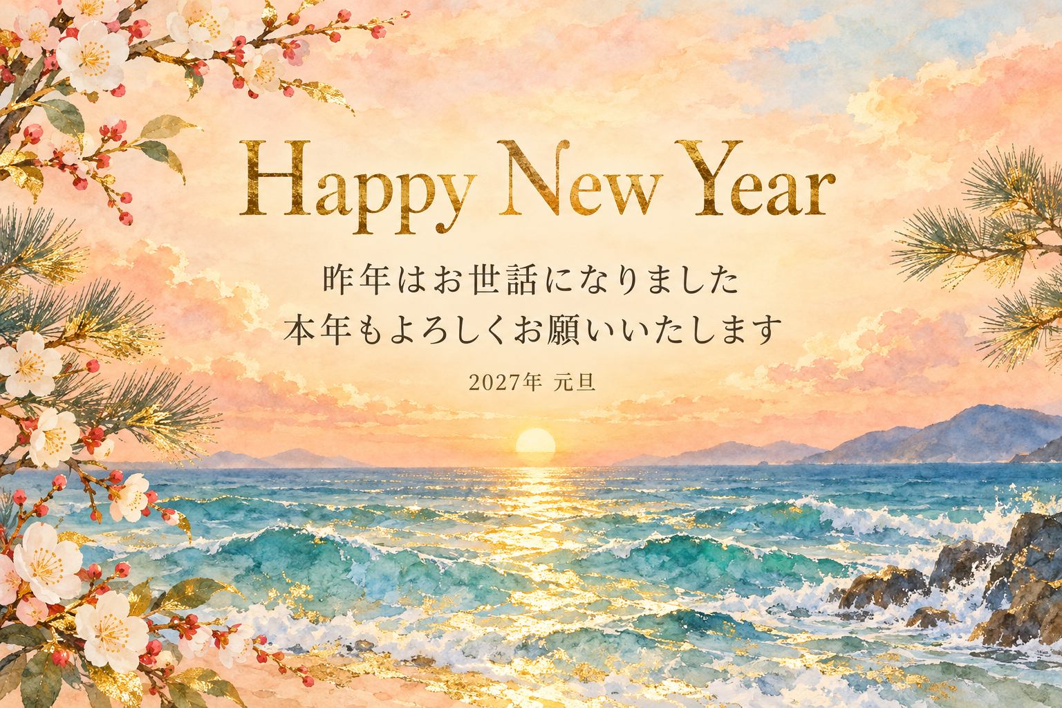 波と金の光｜年賀状背景・無料イラスト素材・文字なし版あり 111094に写真・文字を入れる