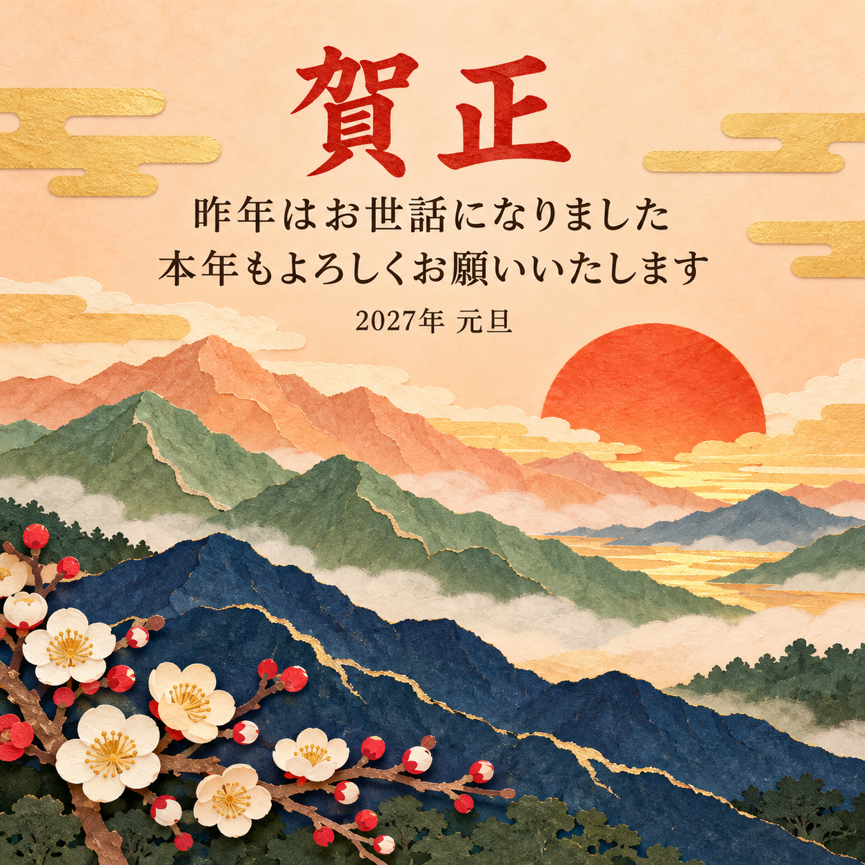 重なる山並み｜年賀状背景・無料イラスト素材・文字なし版あり 111107に写真・文字を入れる