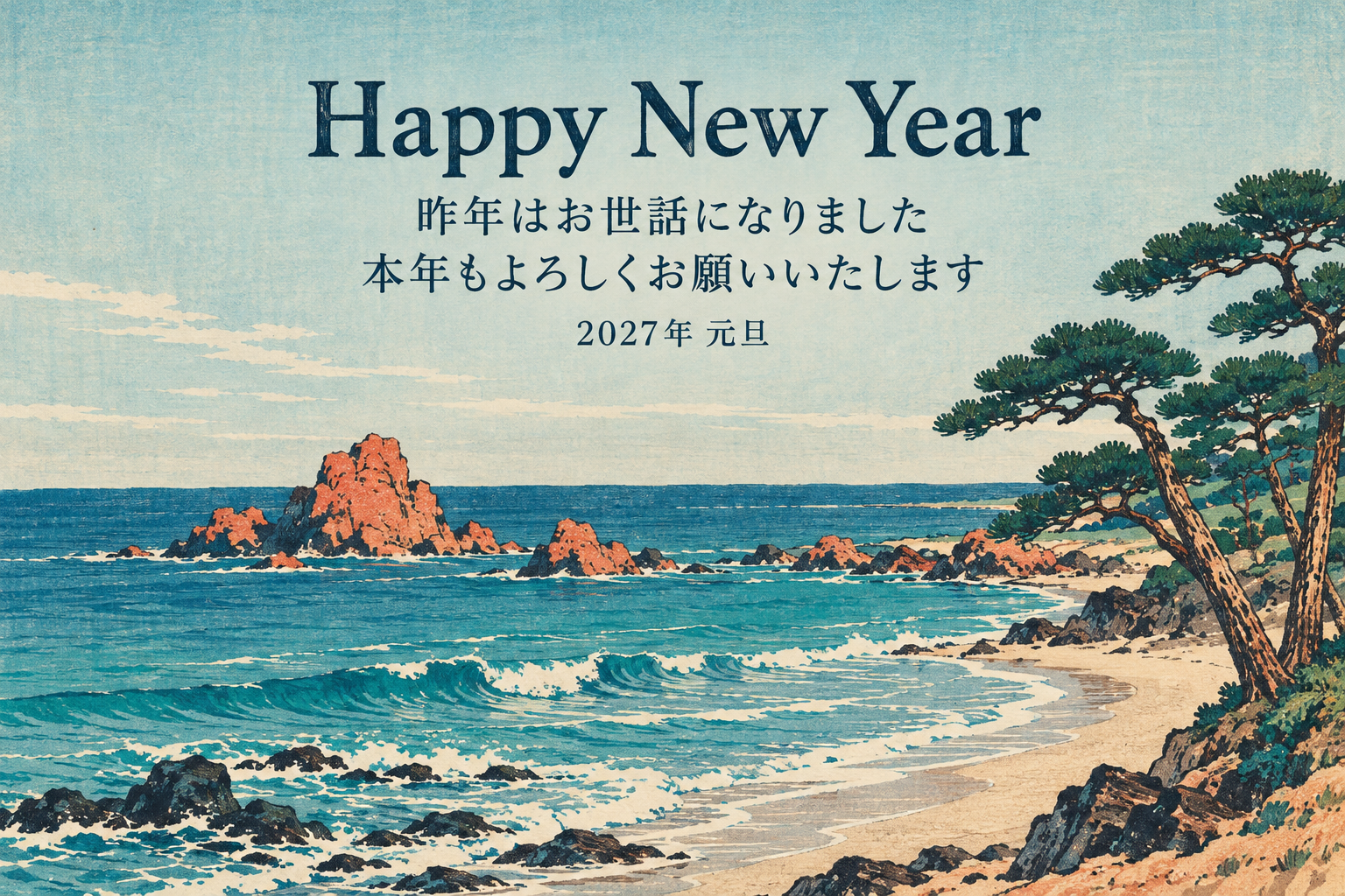 初春の海岸｜年賀状背景・無料イラスト素材・文字なし版あり 111125に写真・文字を入れる