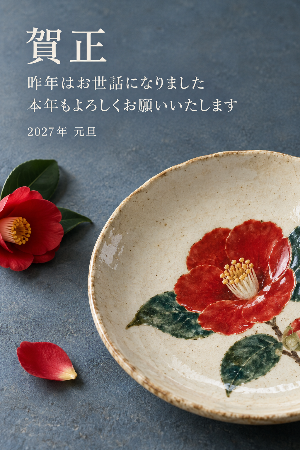 椿の皿｜年賀状背景・無料イラスト素材・文字なし版あり 111142に写真・文字を入れる