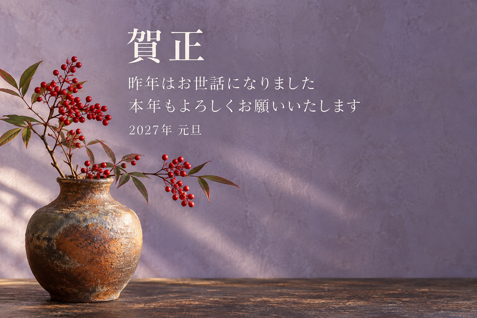 土の花瓶と南天｜年賀状背景・無料イラスト素材・文字なし版あり 111146に写真・文字を入れる
