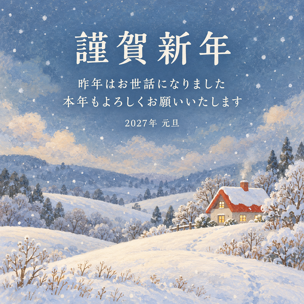 雪の赤い屋根｜年賀状背景・無料イラスト素材・文字なし版あり 111167に写真・文字を入れる