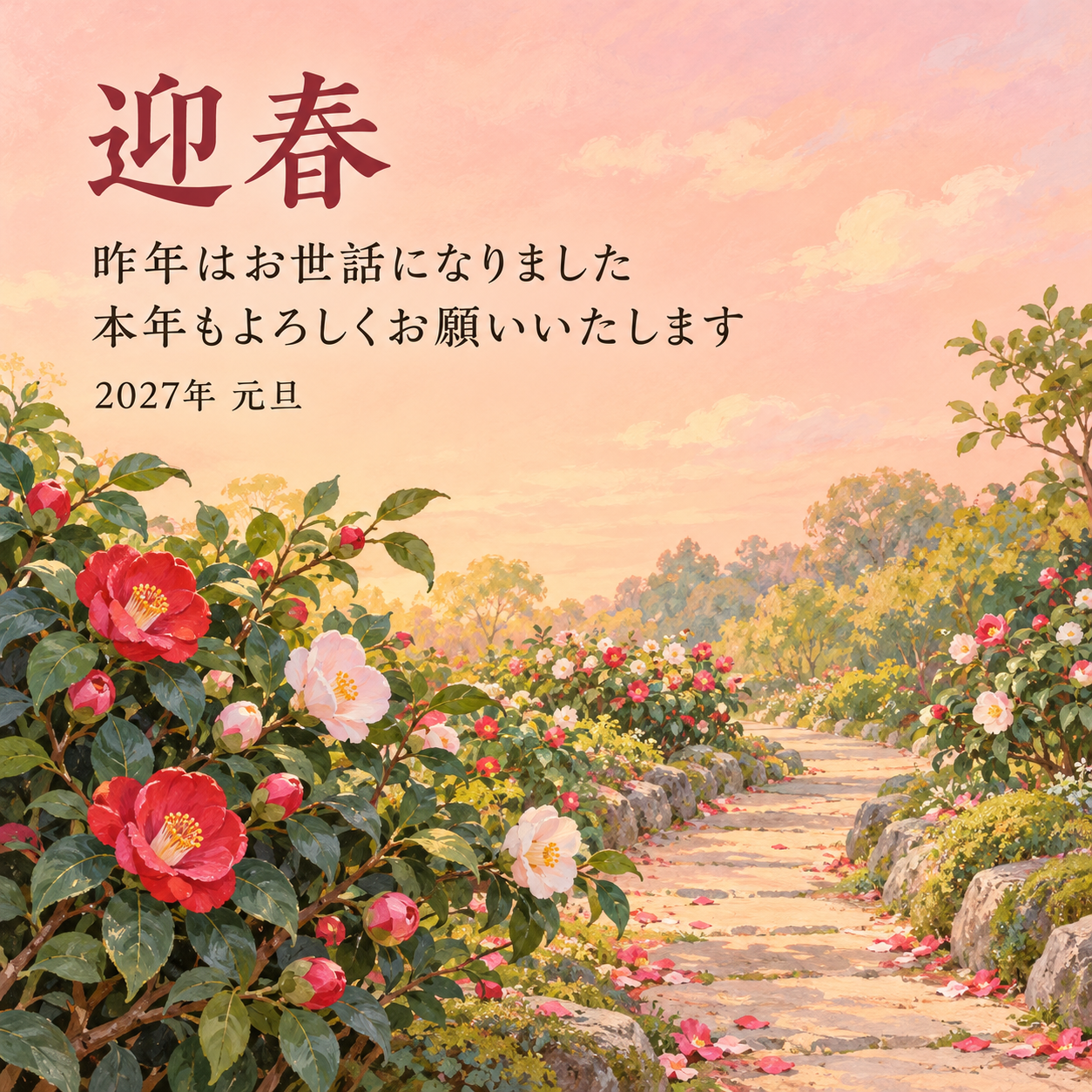 春の小径｜年賀状背景・無料イラスト素材・文字なし版あり 111168に写真・文字を入れる