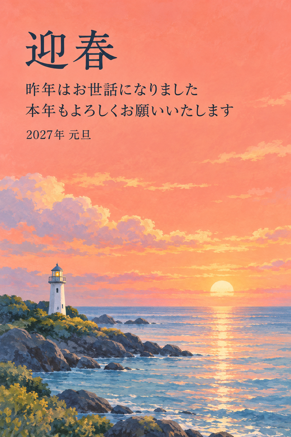 朝の灯台｜年賀状背景・無料イラスト素材・文字なし版あり 111172に写真・文字を入れる