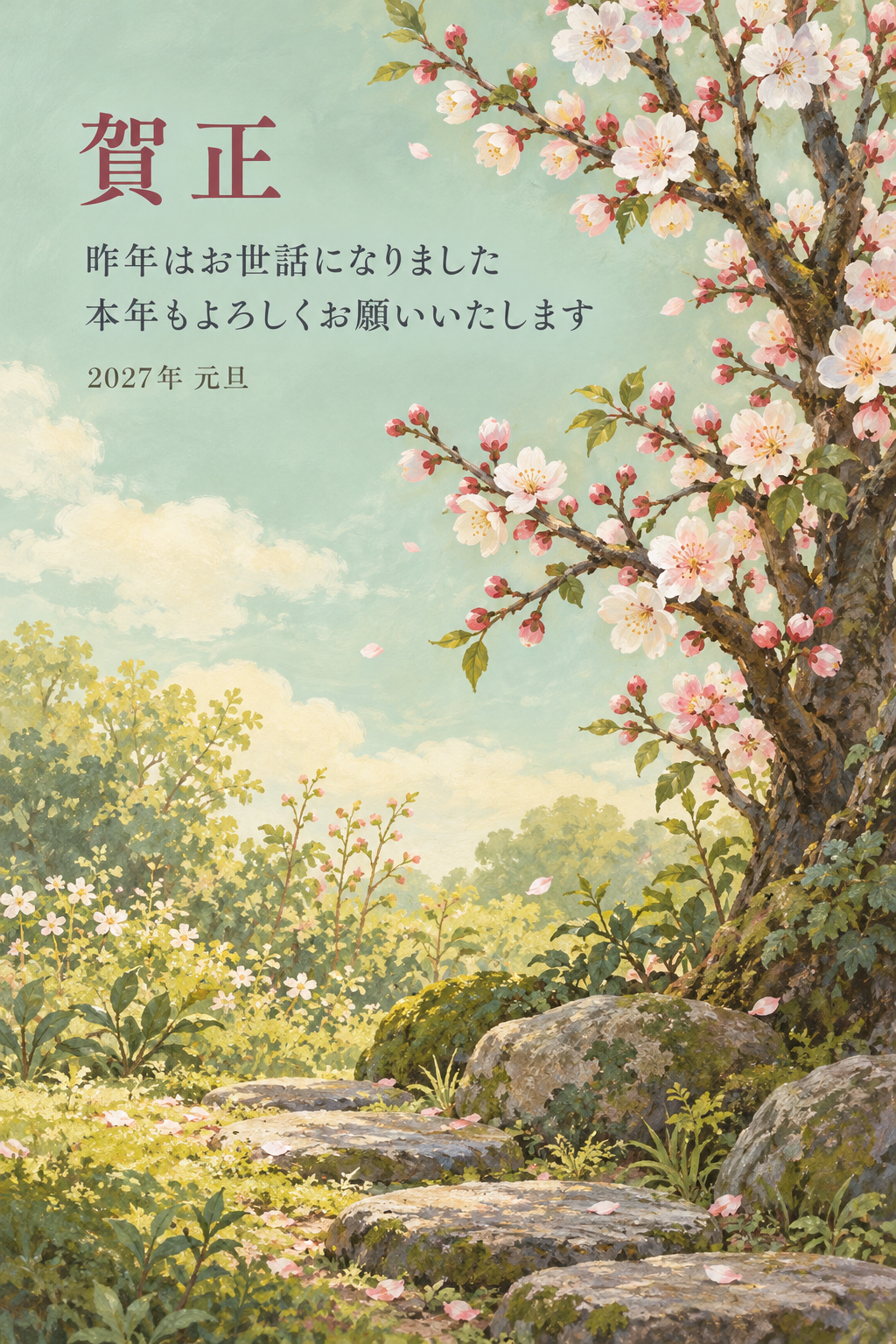 梅の小庭｜年賀状背景・無料イラスト素材・文字なし版あり 111173に写真・文字を入れる