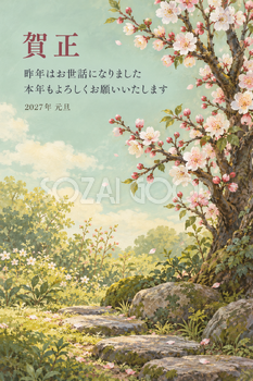 梅の小庭｜年賀状背景・無料イラスト素材・文字なし版あり 111173