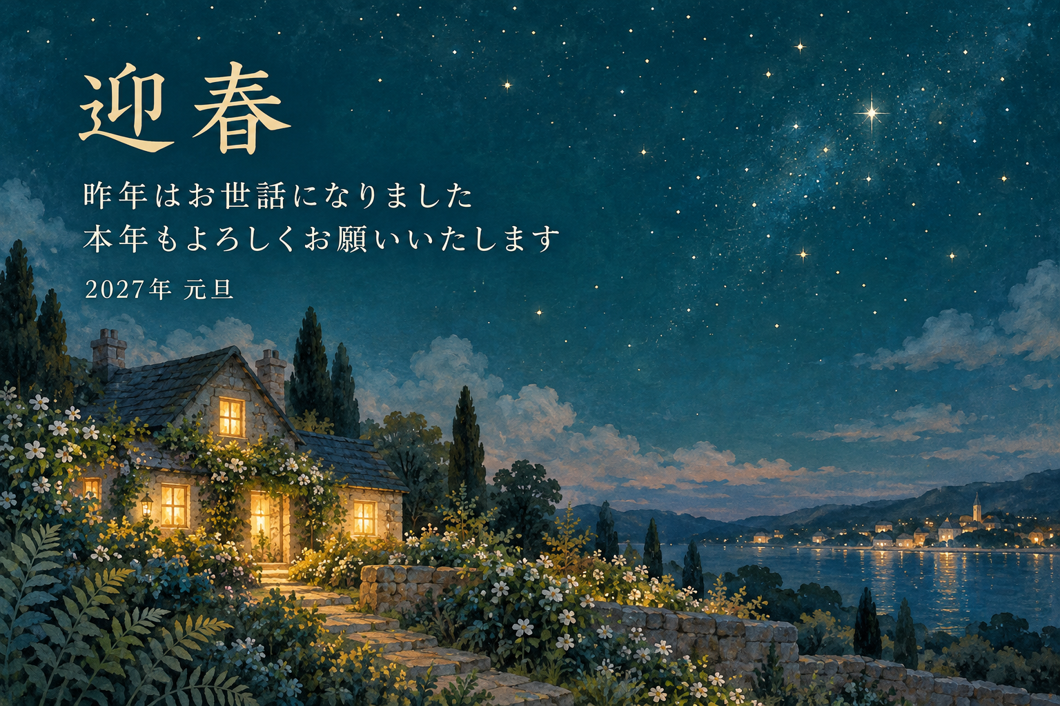 星明かりの庭｜年賀状背景・無料イラスト素材・文字なし版あり 111176に写真・文字を入れる