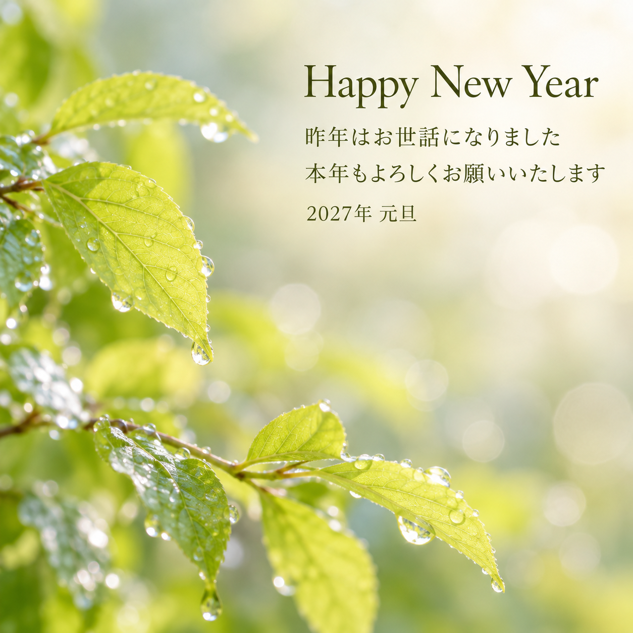 雨あがりの若葉｜年賀状背景・無料イラスト素材・文字なし版あり 111179に写真・文字を入れる