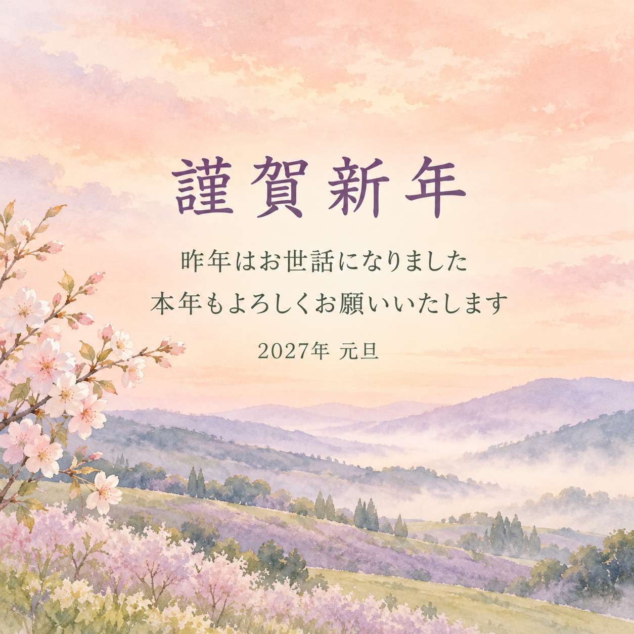 春霞の丘｜年賀状背景・無料イラスト素材・文字なし版あり 111180に写真・文字を入れる