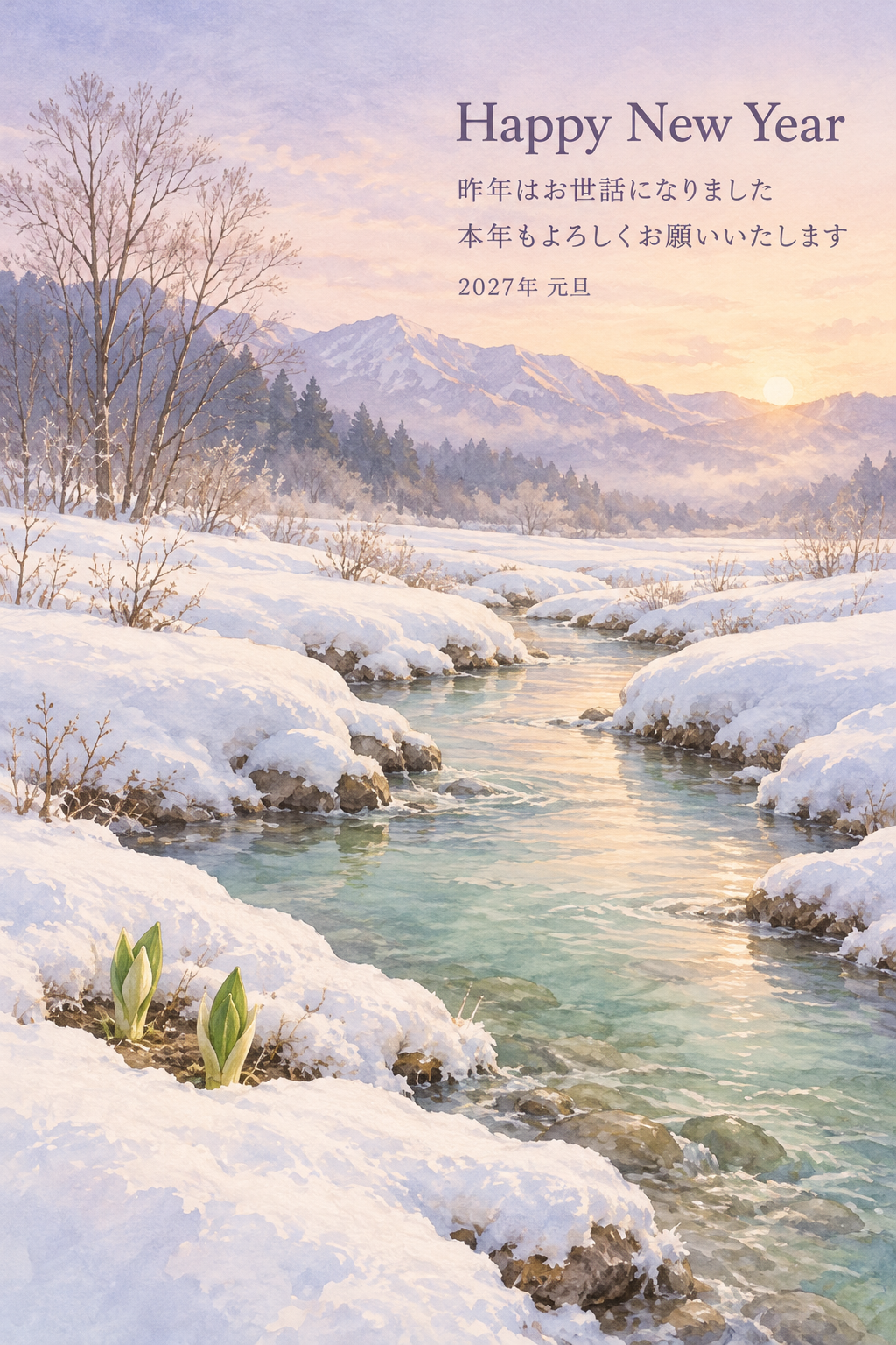 雪どけのせせらぎ｜年賀状背景・無料イラスト素材・文字なし版あり 111183に写真・文字を入れる