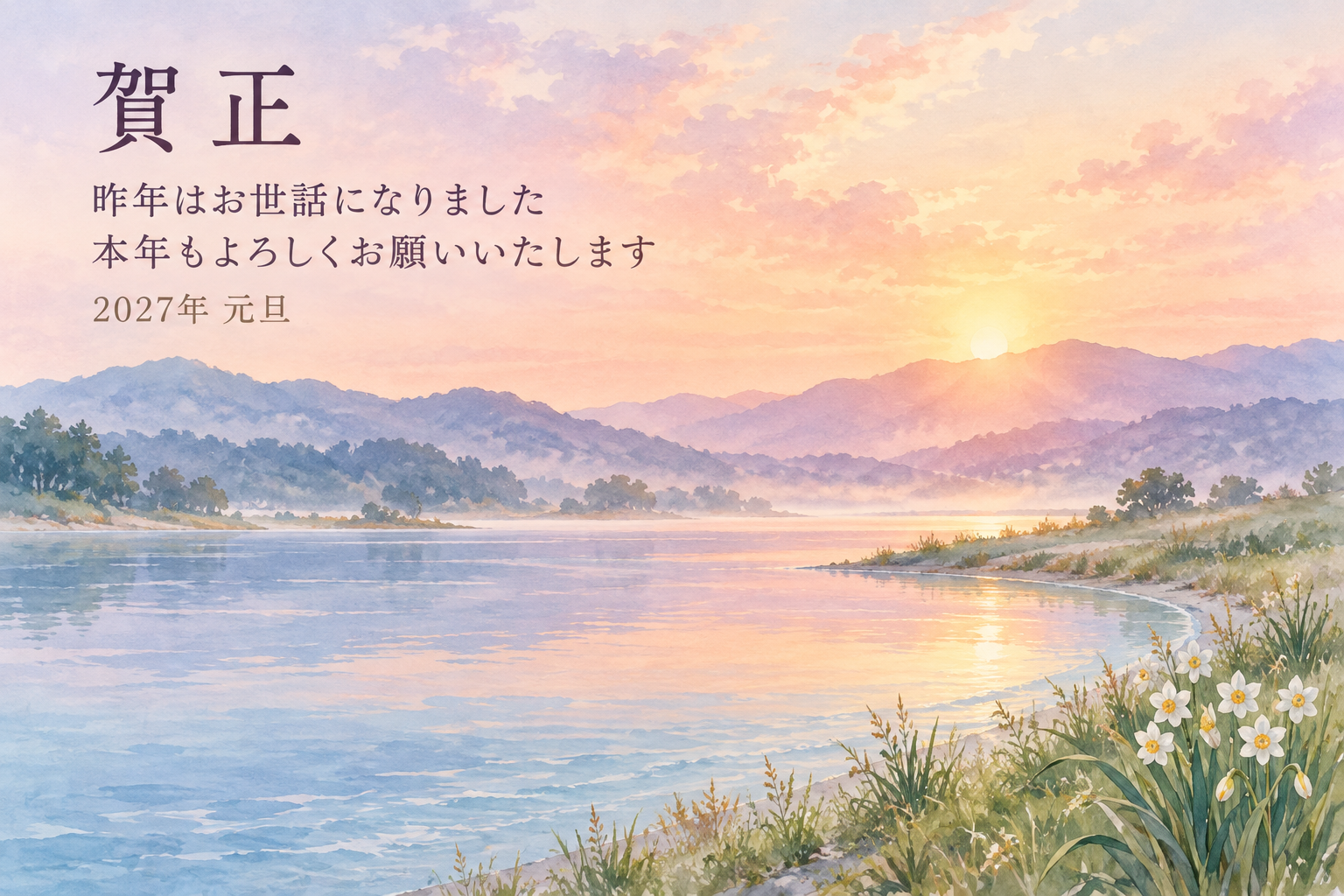 春風の花の岸辺｜年賀状背景・無料イラスト素材・文字なし版あり 111186に写真・文字を入れる