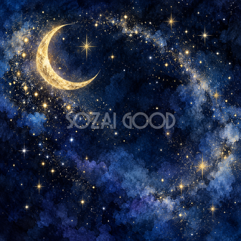 金の三日月と星明かり｜星の背景の無料イラスト素材 111195