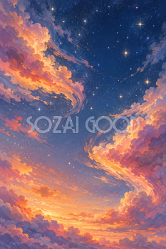 夕焼け雲と星明かり｜星の背景の無料イラスト素材 111223