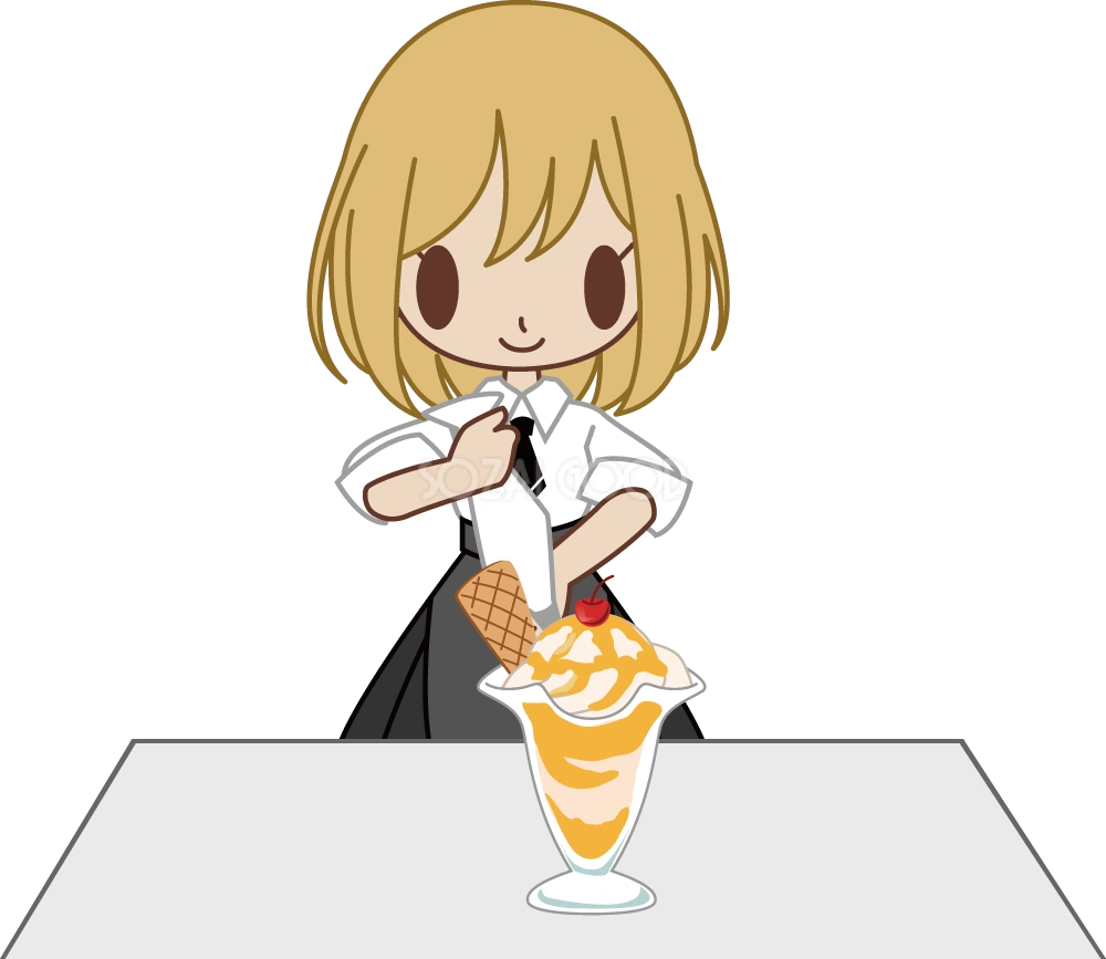 ファミレスのウエイトレス風の女性がパフェを作る 無料イラスト