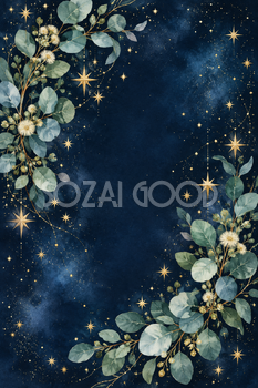 ユーカリと金の星｜星の背景の無料イラスト素材 111263