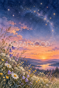 野の花と夕空の星｜星の背景の無料イラスト素材 111265
