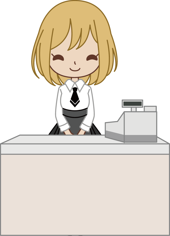ファミレスのウエイトレス風の女性がレジで『ありがとうございました』ご挨拶イラストに写真・文字を入れる