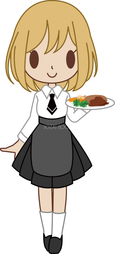 ファミレスのウエイトレス風の女性が料理を運ぶ 無料イラスト