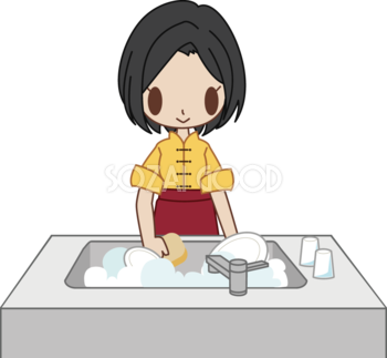 中華料理屋（ラーメン屋）洗い物をする女性 無料イラスト