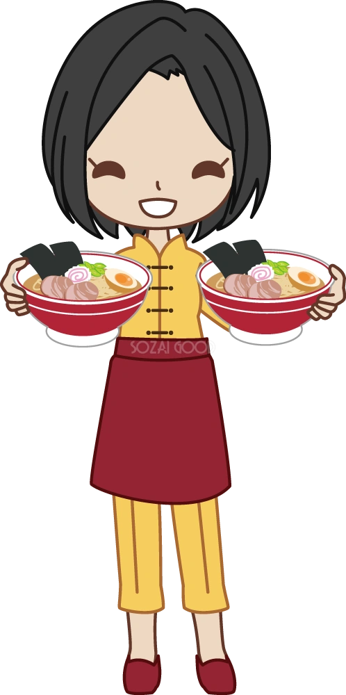 中華料理屋(ラーメン屋)の女性がラーメンアピール 無料イラスト