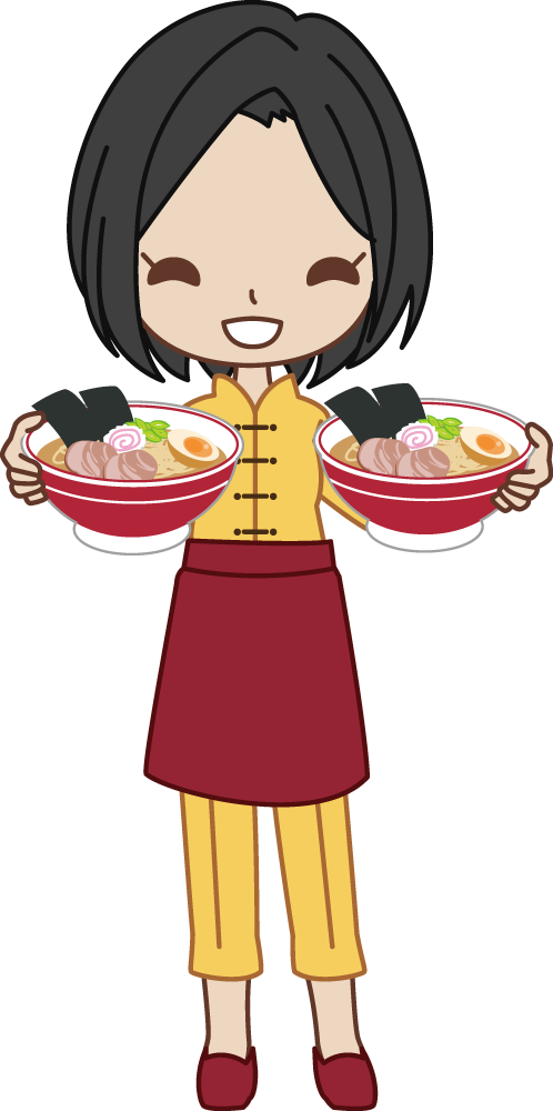 中華料理屋（ラーメン屋）の女性がラーメンアピール 無料イラストに写真・文字を入れる