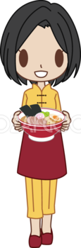 中華料理屋（ラーメン屋）の女性がラーメンを運ぶ 無料イラスト