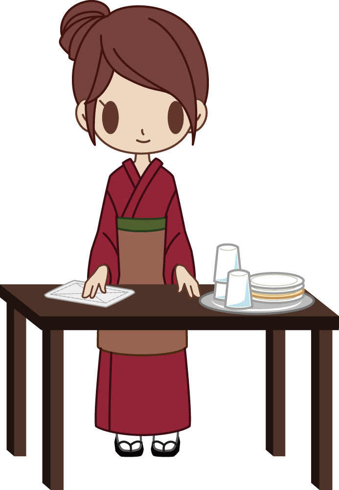 和食屋の女性がお皿やグラスを片付け 無料イラストに写真・文字を入れる