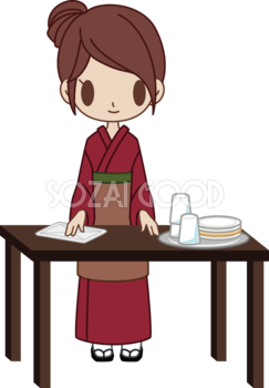 和食屋の女性がお皿やグラスを片付け 無料イラスト