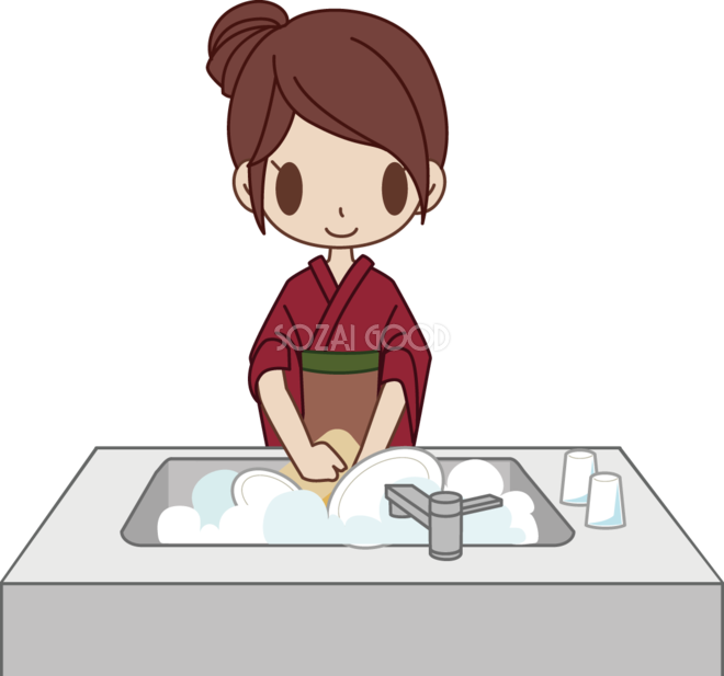 和食屋の女性がお皿を洗う 無料イラスト 素材good