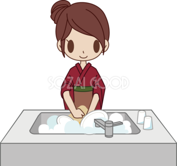 和食屋の女性がお皿を洗う 無料イラスト
