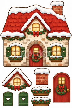 雪の赤い屋根の家｜クリスマス壁面飾りの無料イラスト素材 111856